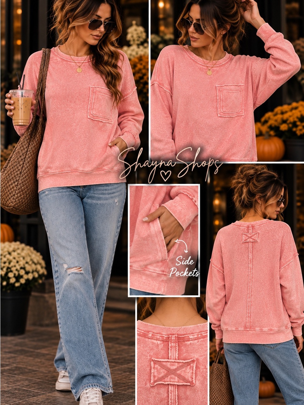 Zenana Acid Wash DK Pink French Terry Pullover Sweatshirt w/ Pockets
